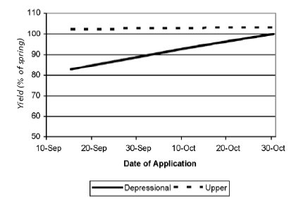 Effect of date of fall N application on wheat grain yields from fallbanded urea relative to spring-banded urea at depressional and upper slope positions at three sites near Winnipeg and one site near Brandon.