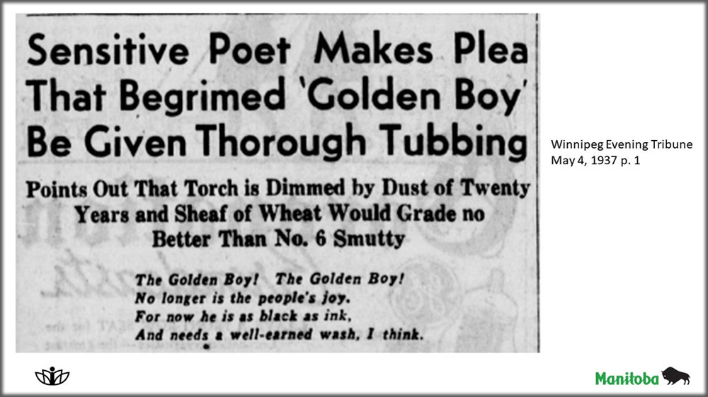 Sensitive Poet Makes Pleas That Begrimed 'Golden Boy' be Given Thorough Tubbing. Winnipeg Evening Tribune. May 4, 1937 p. 1
