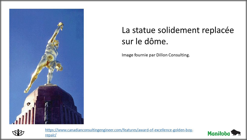 La statue solidement replacée sur le dôme. Image fournie par Dillon Consulting.