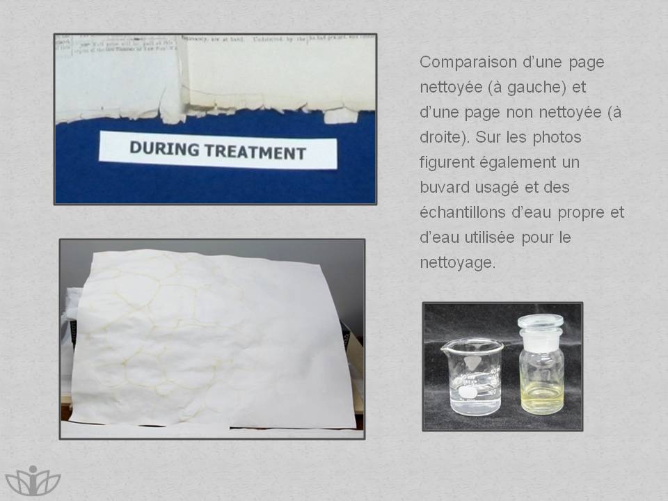 Comparaison d'une page nettoye ( gauche) et d'une page non nettoye ( droite). Sur les photos figurent galement un buvard usag et des chantillons d'eau propre et d'eau utilise pour le nettoyage.